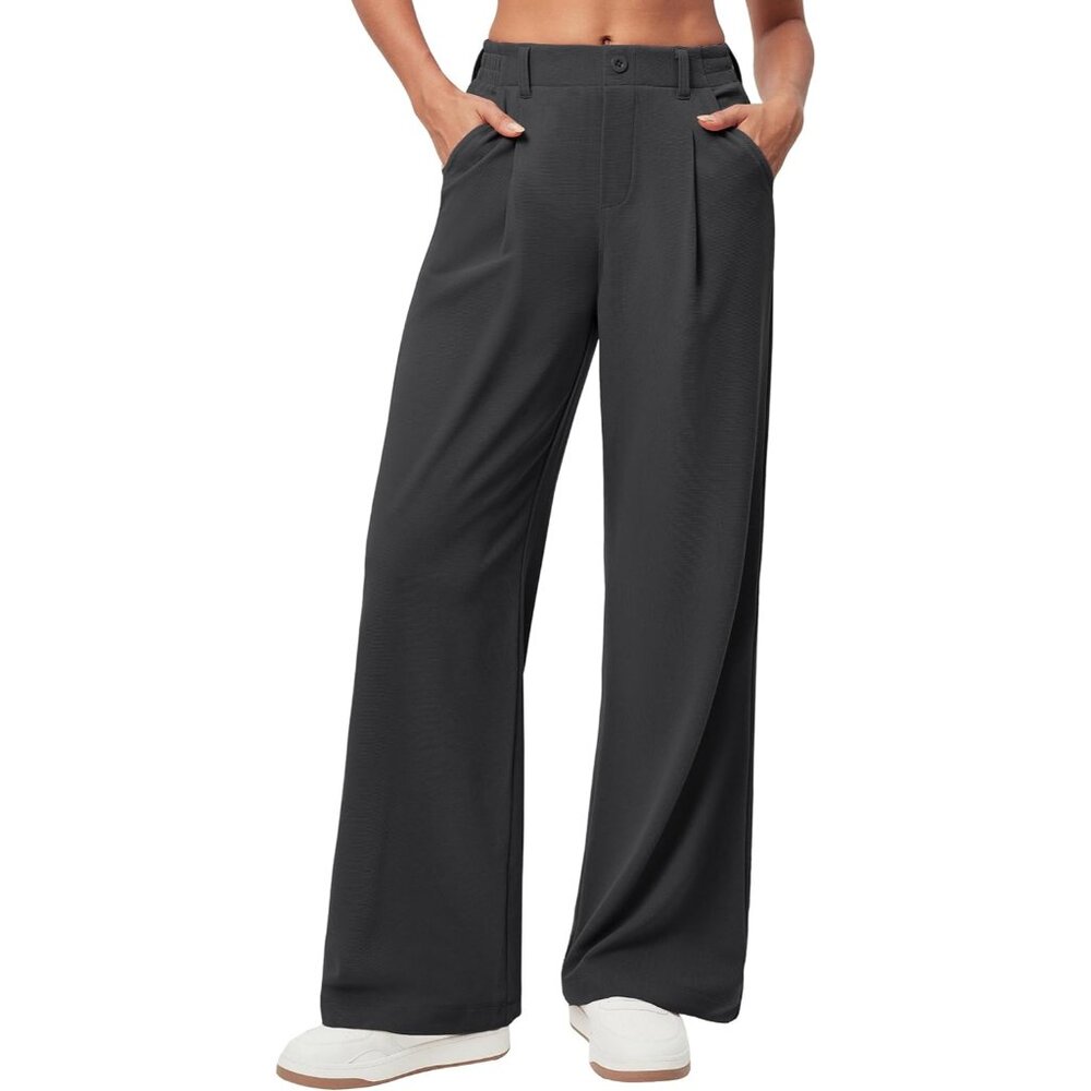 Women Stretchy Wide Leg Work Pants Pull On Grey 28'' Tall Casual Dress Slack